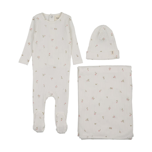 Mema Knit Ribbed Floral Print Footie 3 Piece Set