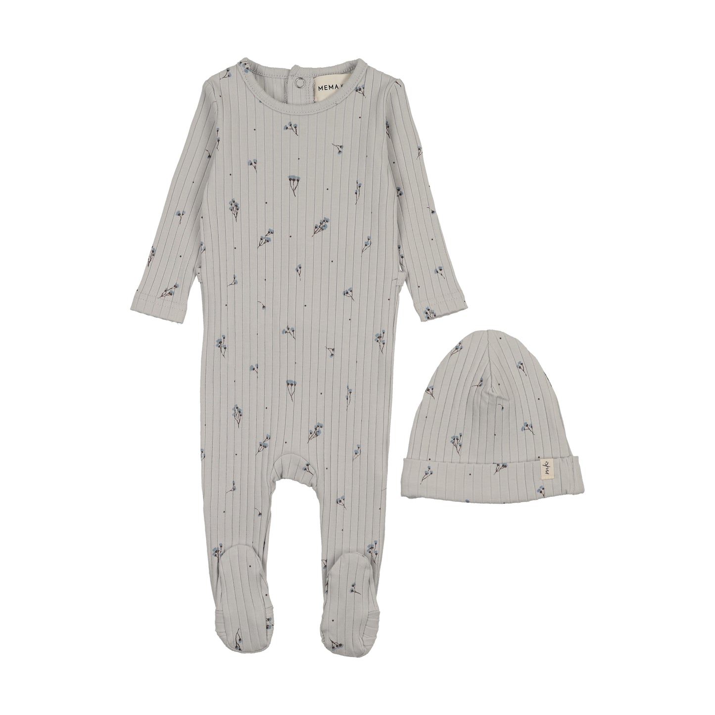 Mema Knit Ribbed Floral Print Footie + Beanie