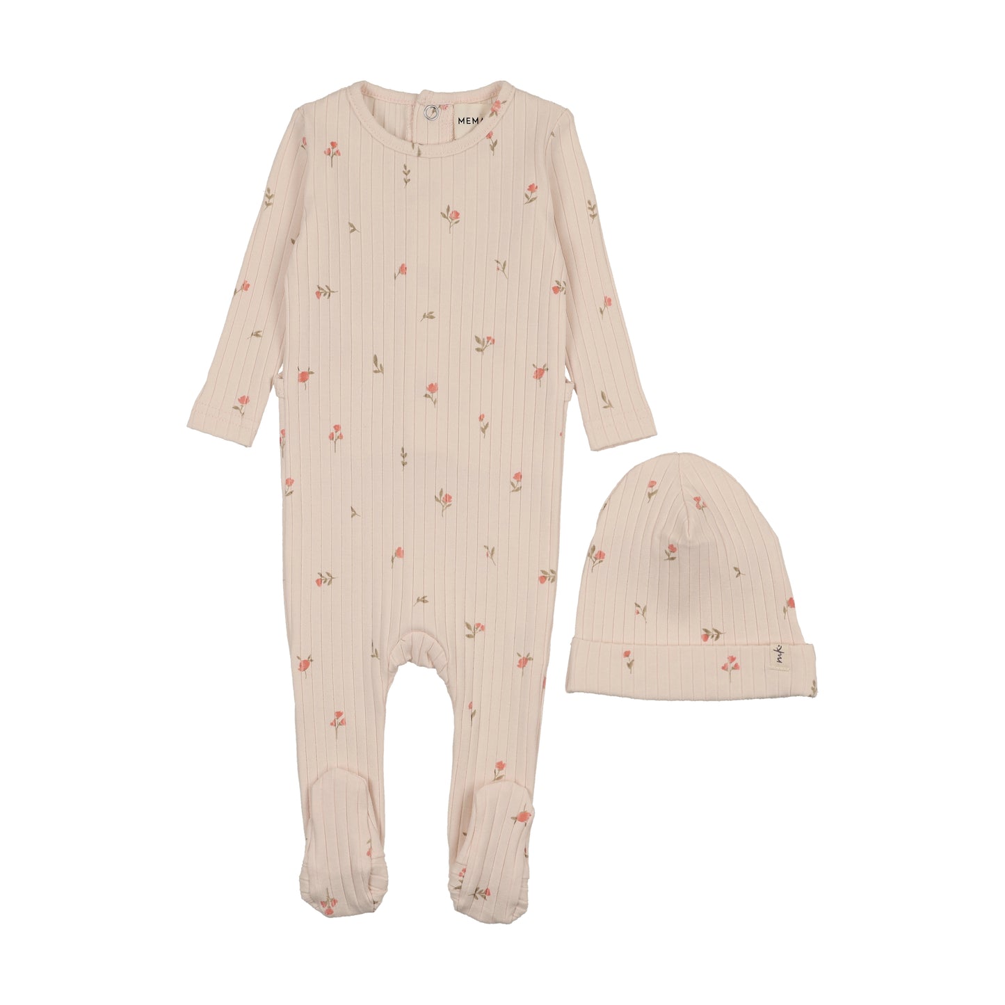Mema Knit Ribbed Floral Print Footie + Beanie