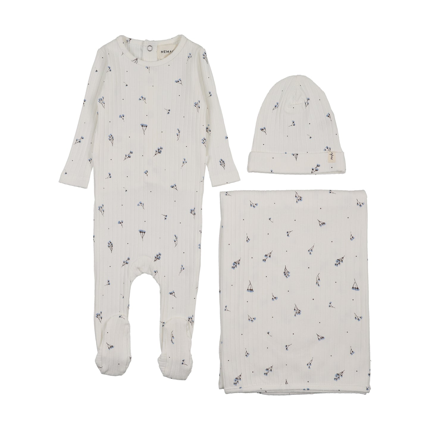 Mema Knit Ribbed Floral Print Footie 3 Piece Set