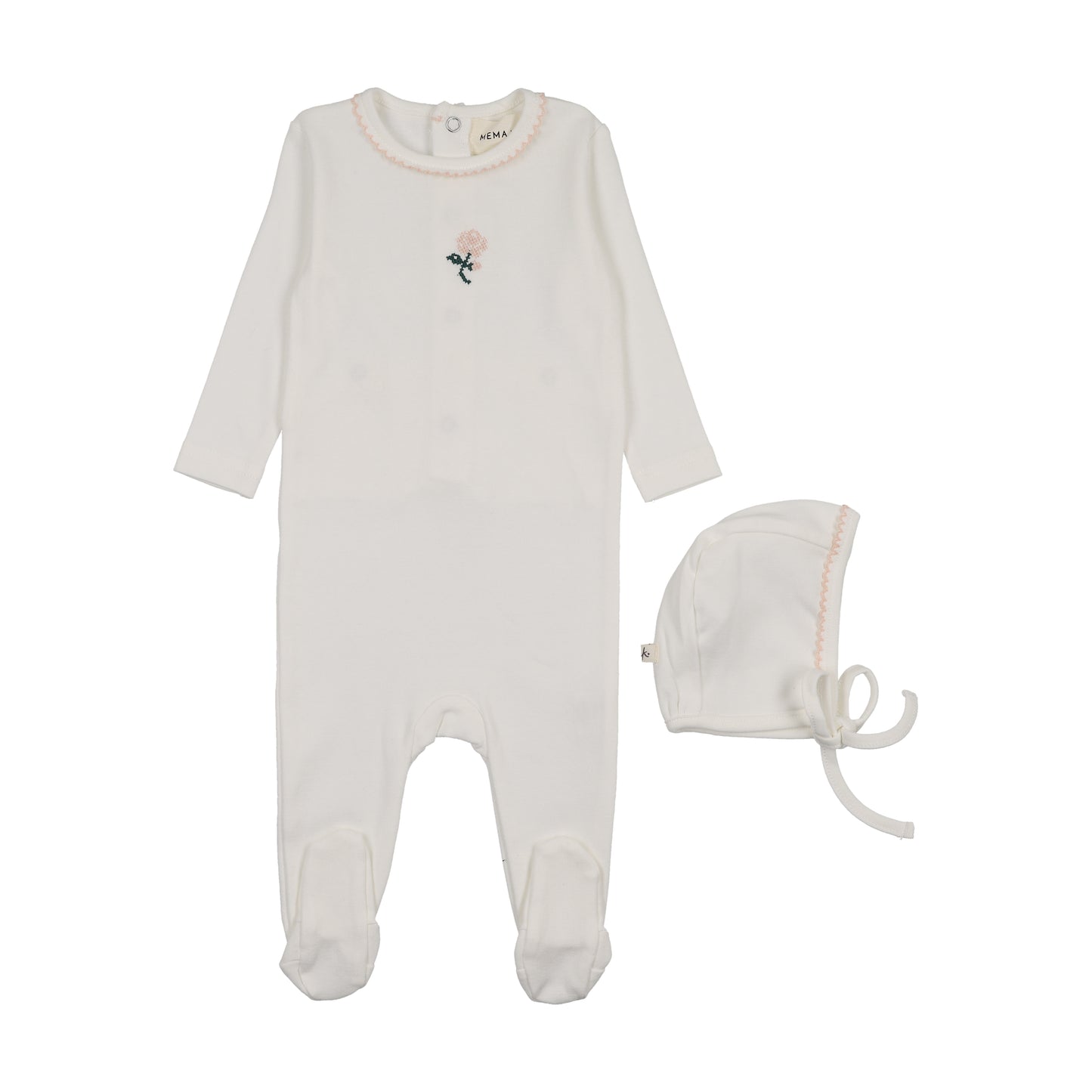 Mema Knit Embroidered Footie + Bonnet