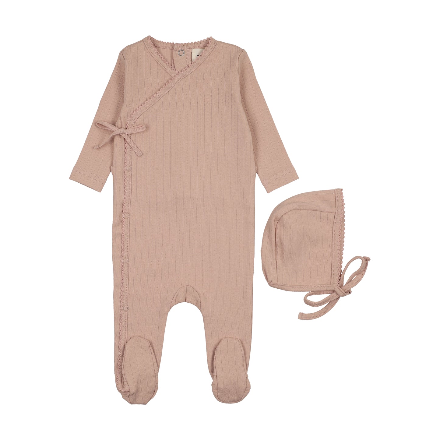 Mema Knit Pointelle Mock Wrap Footie + Bonnet