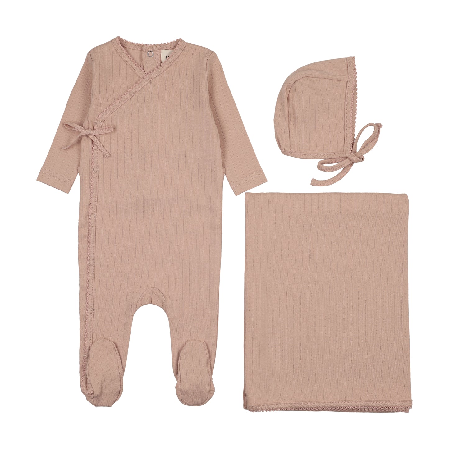 Mema Knit Pointelle Mock Wrap Footie 3 Piece Set