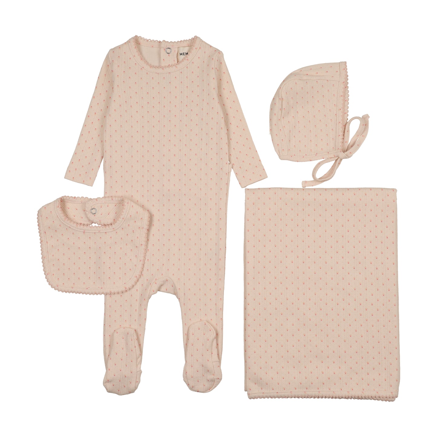 Mema Knit Pointelle Tulip Print Footie + Bib 4 Piece Set