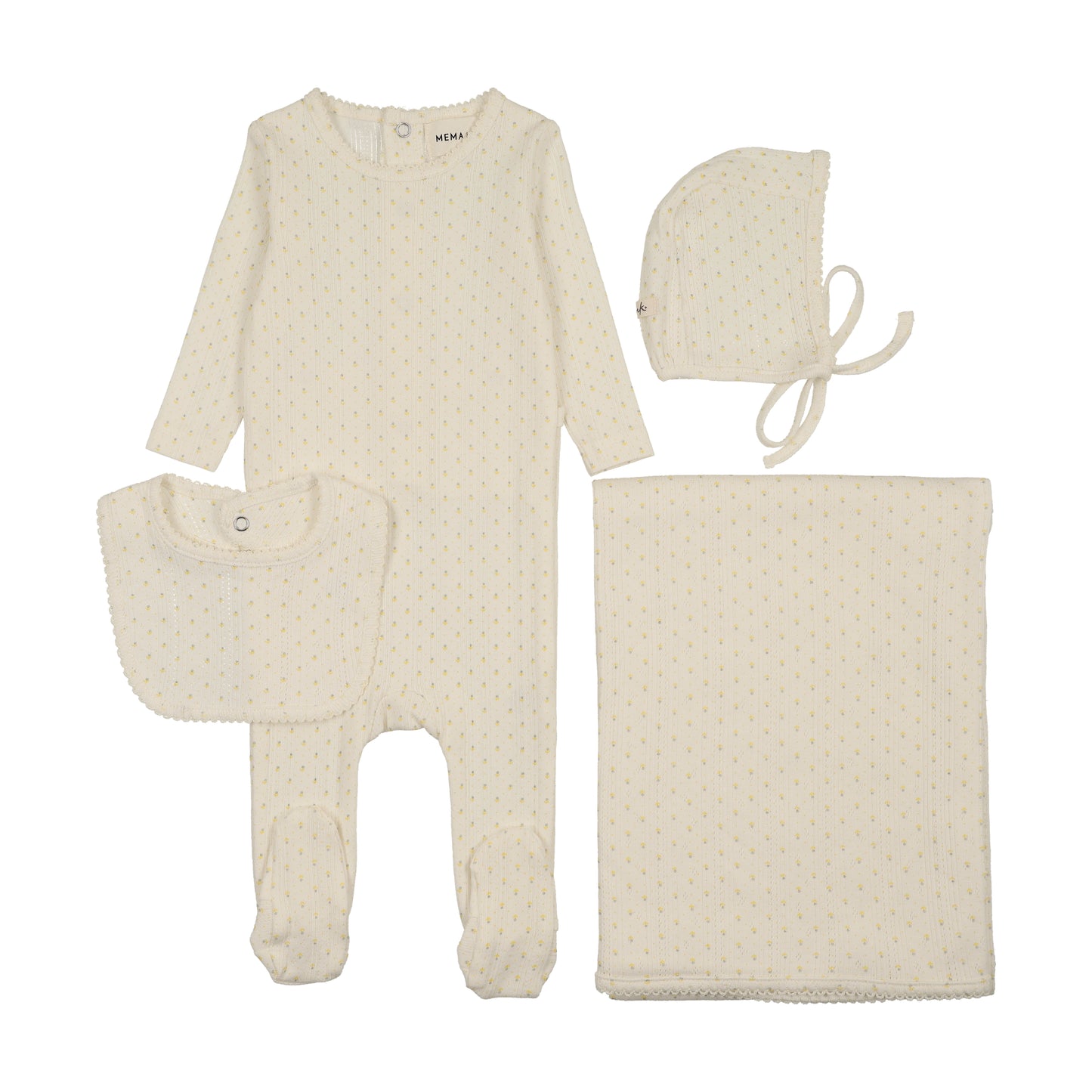 Mema Knit Pointelle Tulip Print Footie + Bib 4 Piece Set