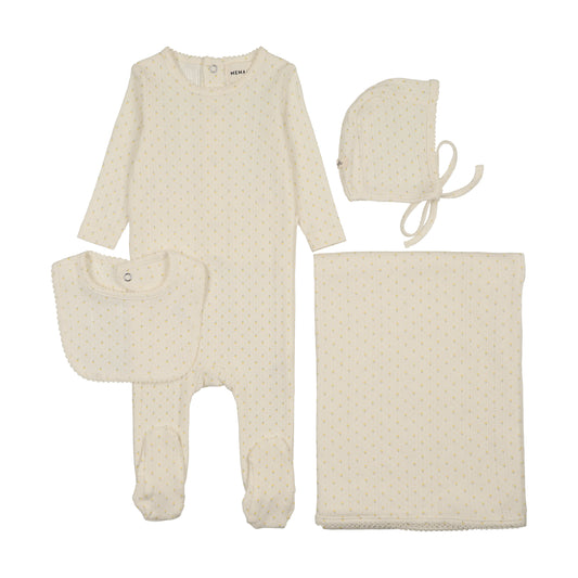 Mema Knit Pointelle Tulip Print Footie + Bib 4 Piece Set