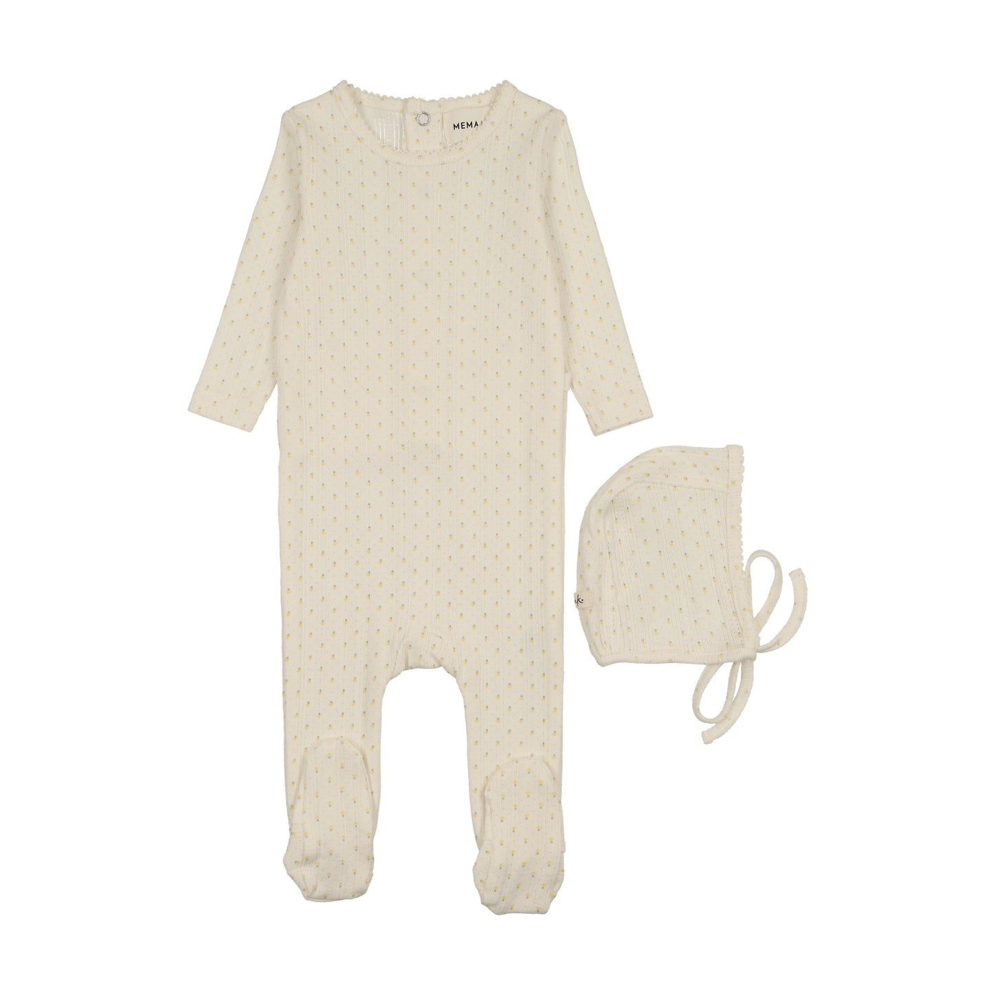 Mema Knit Pointelle Tulip Print Footie + Bonnet