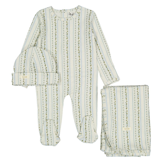 Ladida Slate Blooming Stripe Blossom Footie + Beanie + Blanket Set