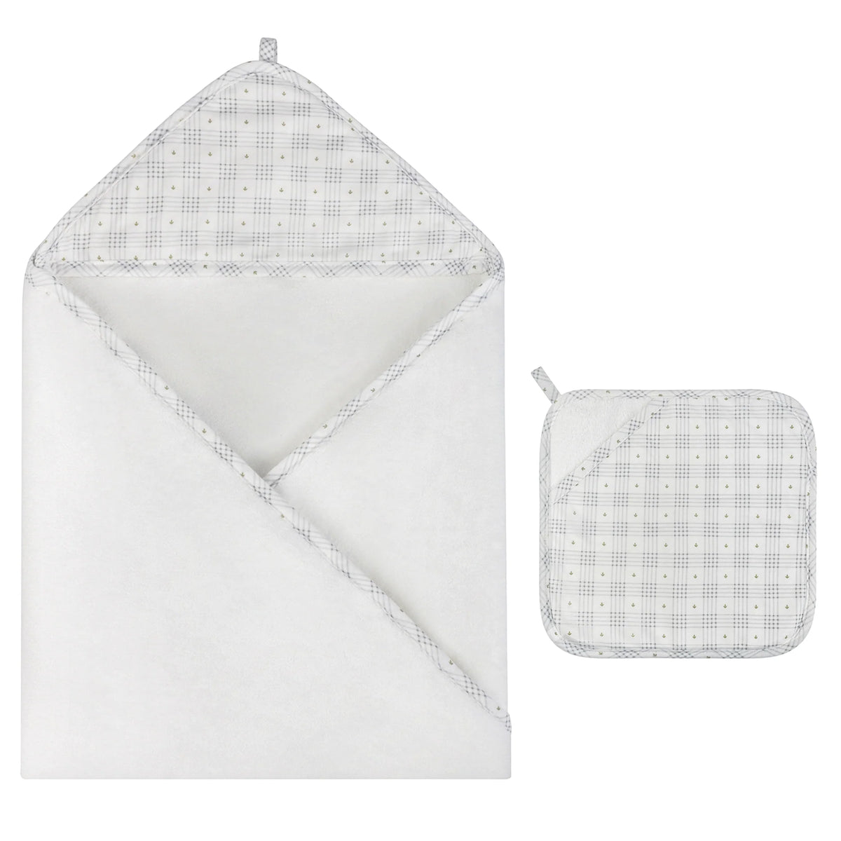 Ely's & Co Hooded Towel with Pocket Wash Cloth - Floral Plaid Collection