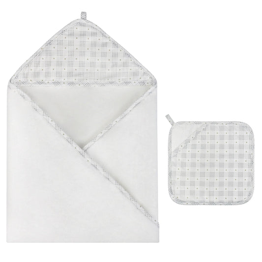 Ely's & Co Hooded Towel with Pocket Wash Cloth - Floral Plaid Collection