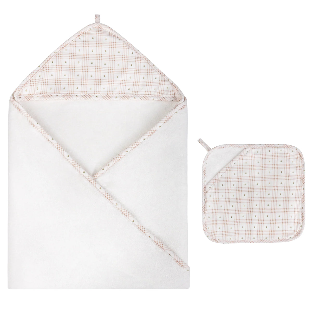 Ely's & Co Hooded Towel with Pocket Wash Cloth - Floral Plaid Collection
