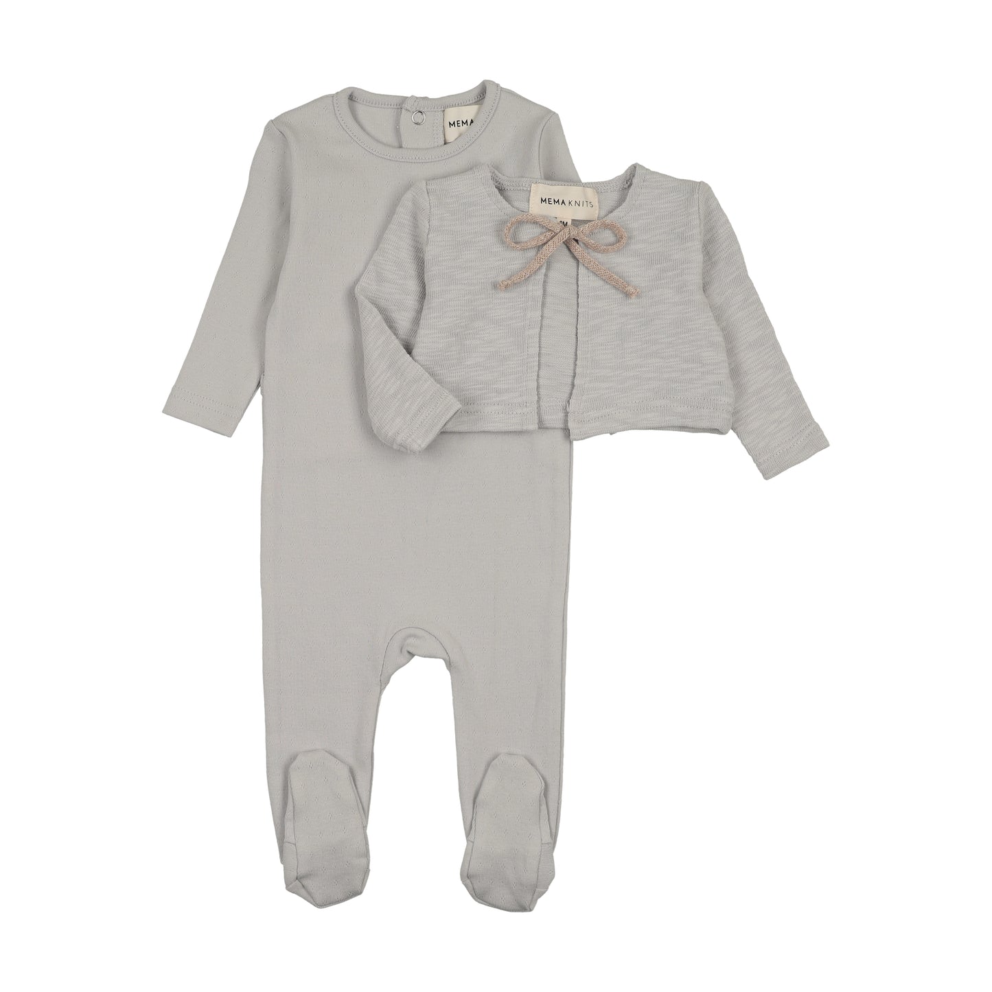 Mema Knit Pointelle Footie + Cardigan + Bonnet