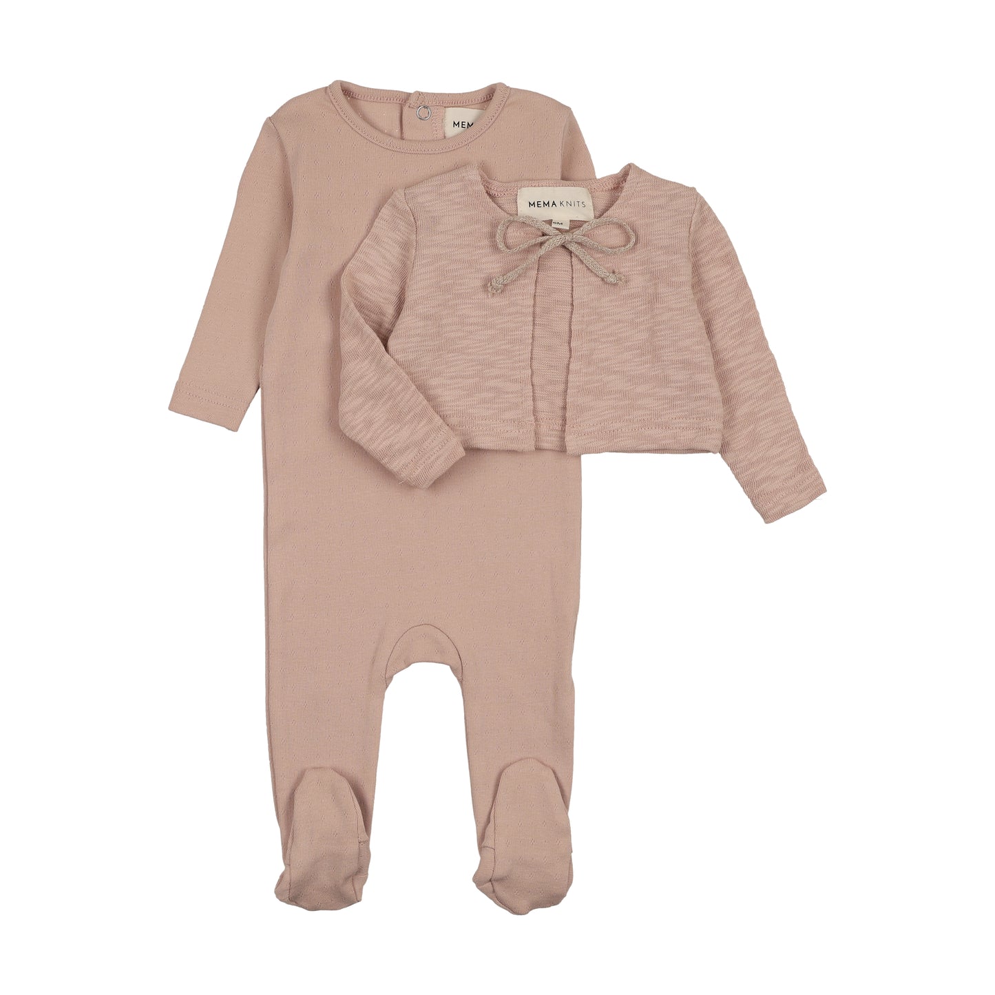 Mema Knit Pointelle Footie + Cardigan + Bonnet