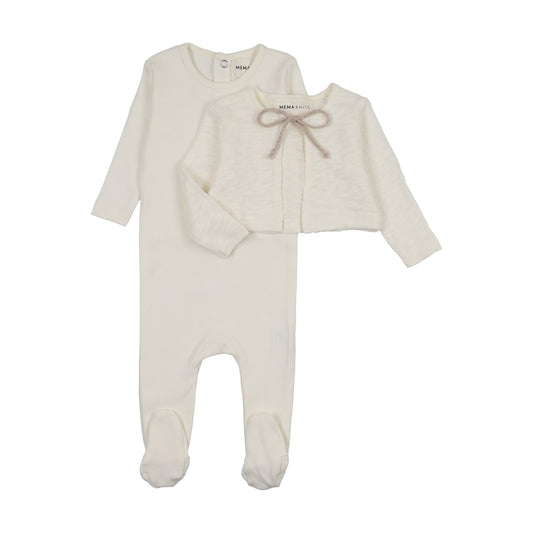 Mema Knit Pointelle Footie + Cardigan + Bonnet