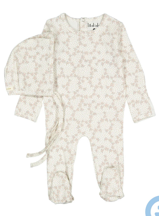 Ladida Layette Pink Vintage Vine Footie and Bonnet