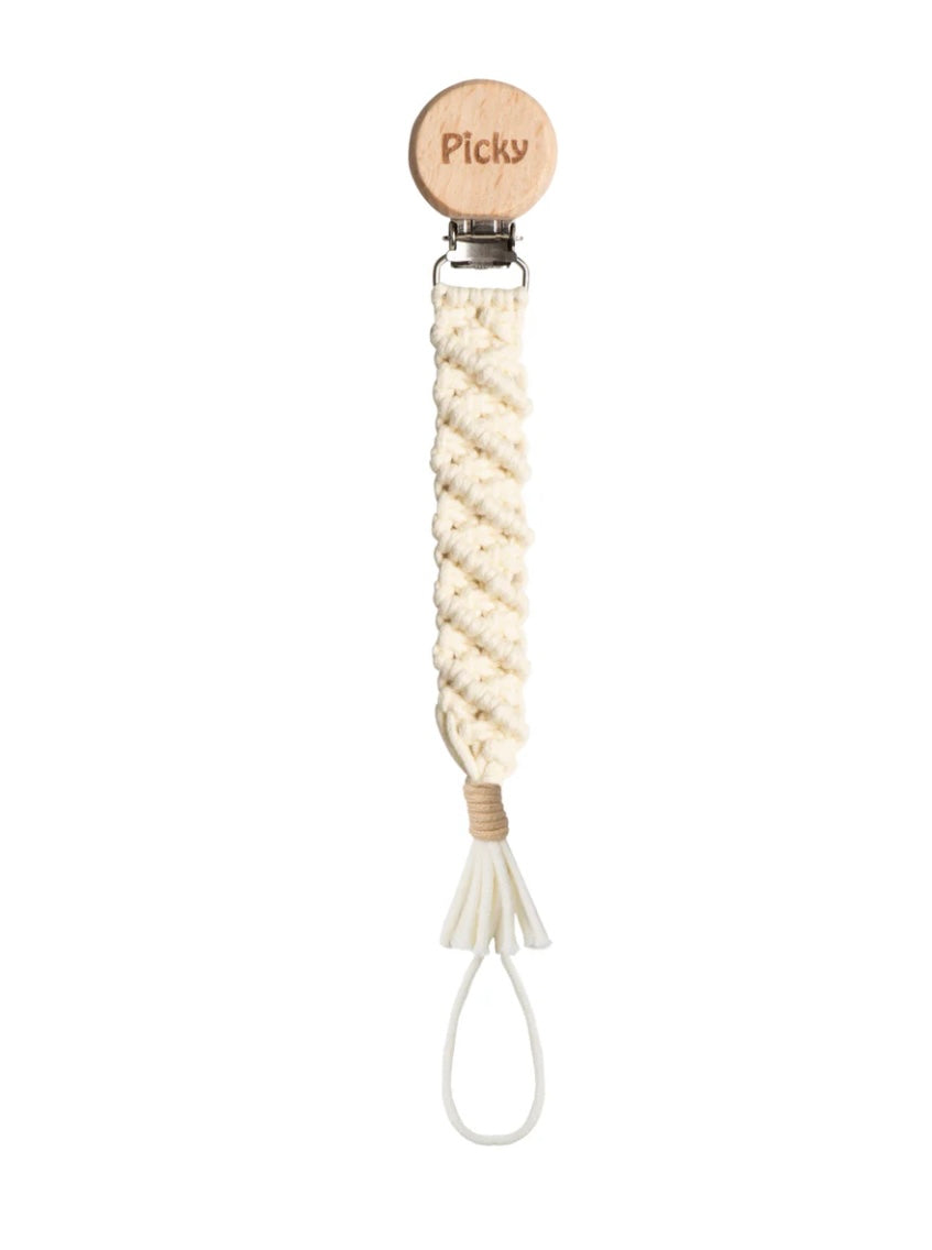 Picky Macrame Paci Clip - Beige Trim