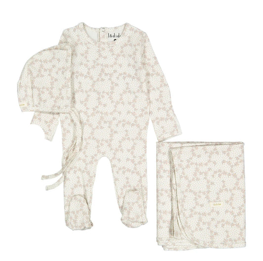 Ladida Layette Pink Vintage Vine Footie, Bonnet, and Blanket