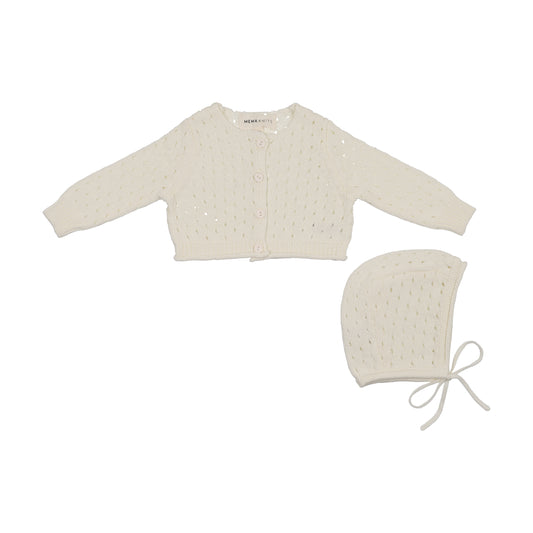 Mema Knit Pointelle Knit Cardigan + Bonnet