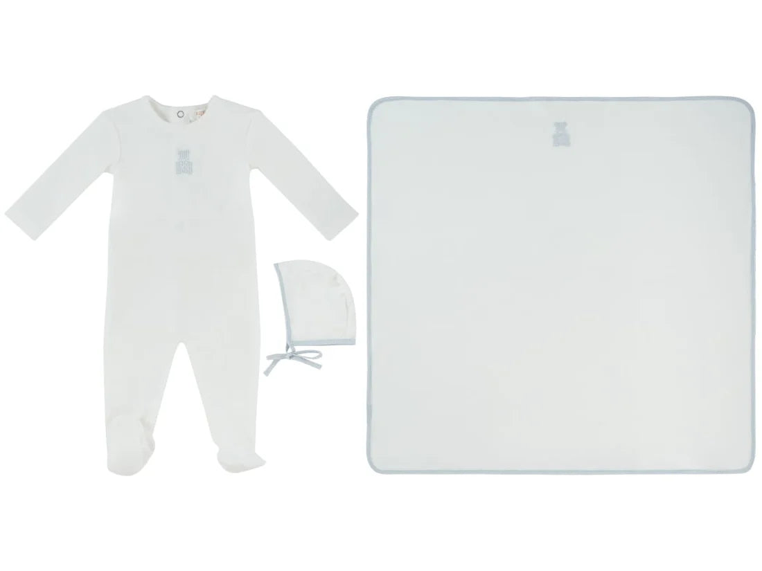 Kipp Petit Ours Footie, Hat and Blanket Set - White Blue