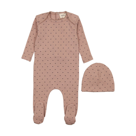 Mema Knits Pointelle Heart Print Footie + Beanie