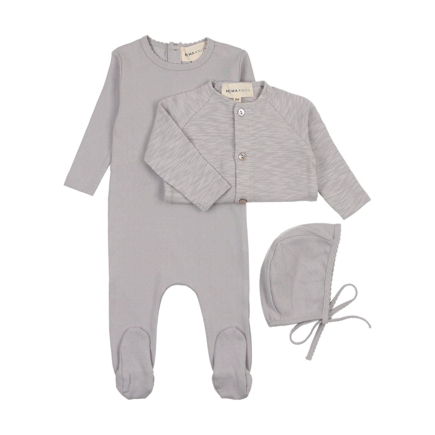 Mema Knits Pointelle Footie + Slub Cardigan + Beanie