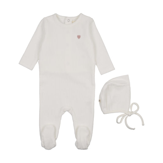 Mema Knit Ribbed Velour Embroidered Footie + Hat