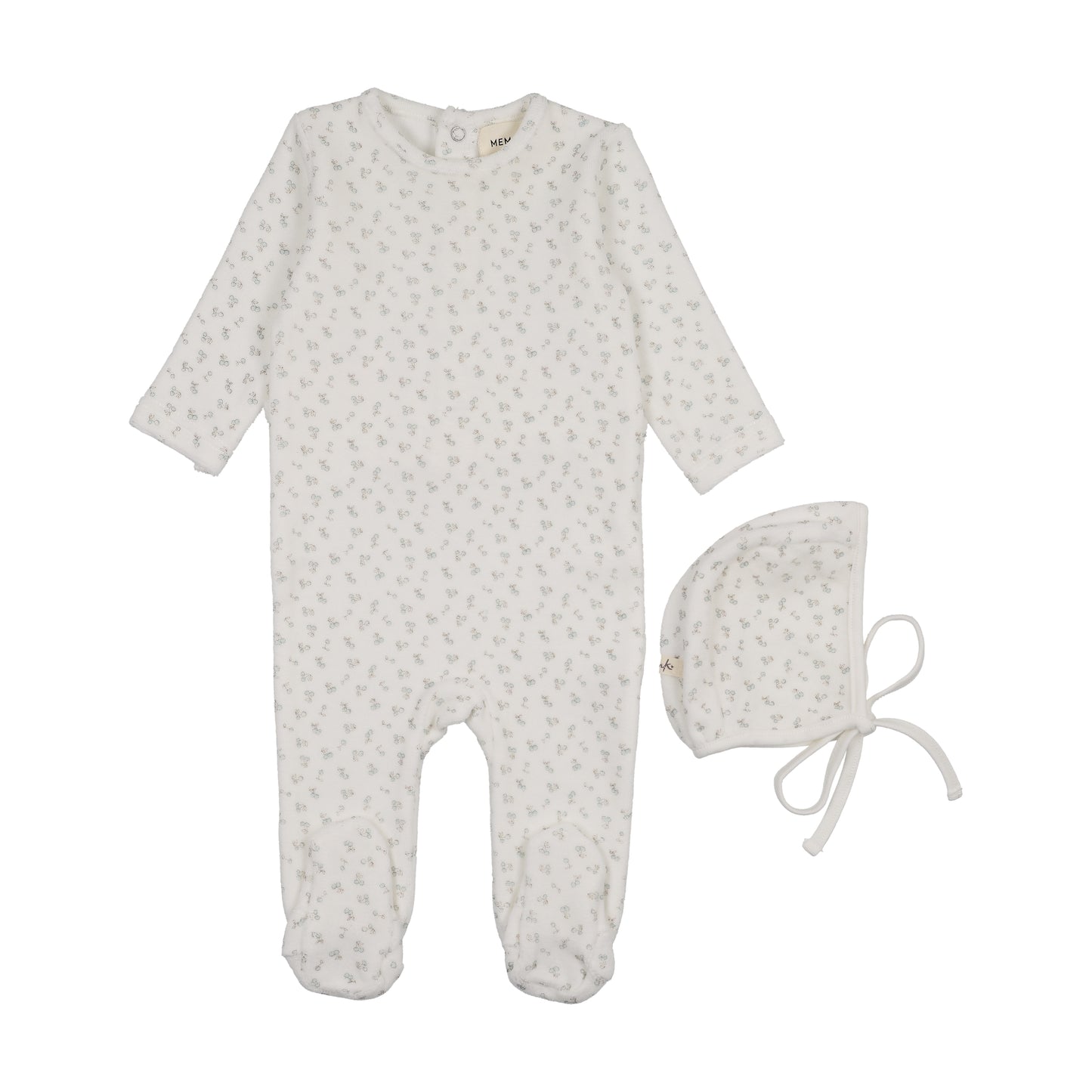 Mema Knit Velour Cherry Printed Footie + Bonnet