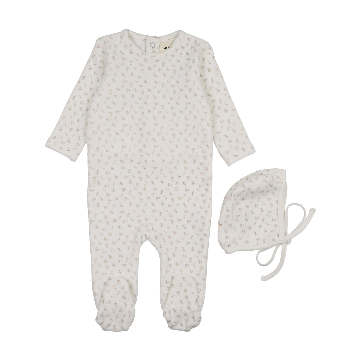 Mema Knit Velour Cherry Printed Footie + Bonnet
