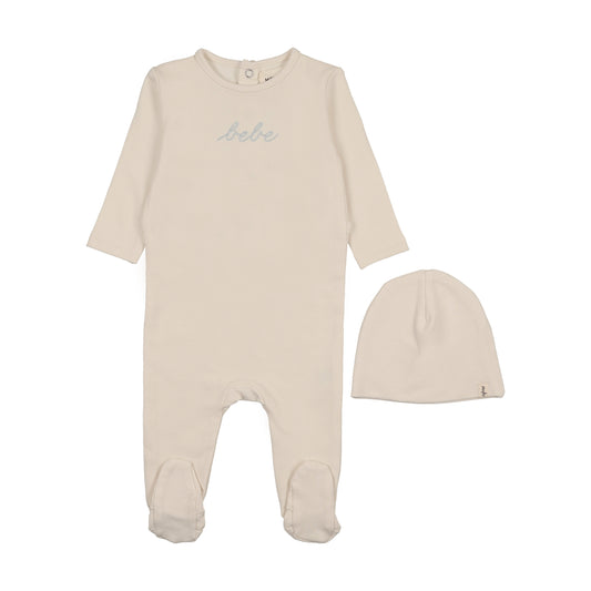 Mema Knit Ivory French Terry Embroidered Bebe Footie + Beanie