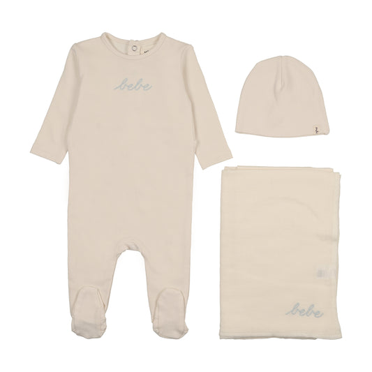 Mema Knit Ivory French Terry Embroidered Bebe 3 Piece Set