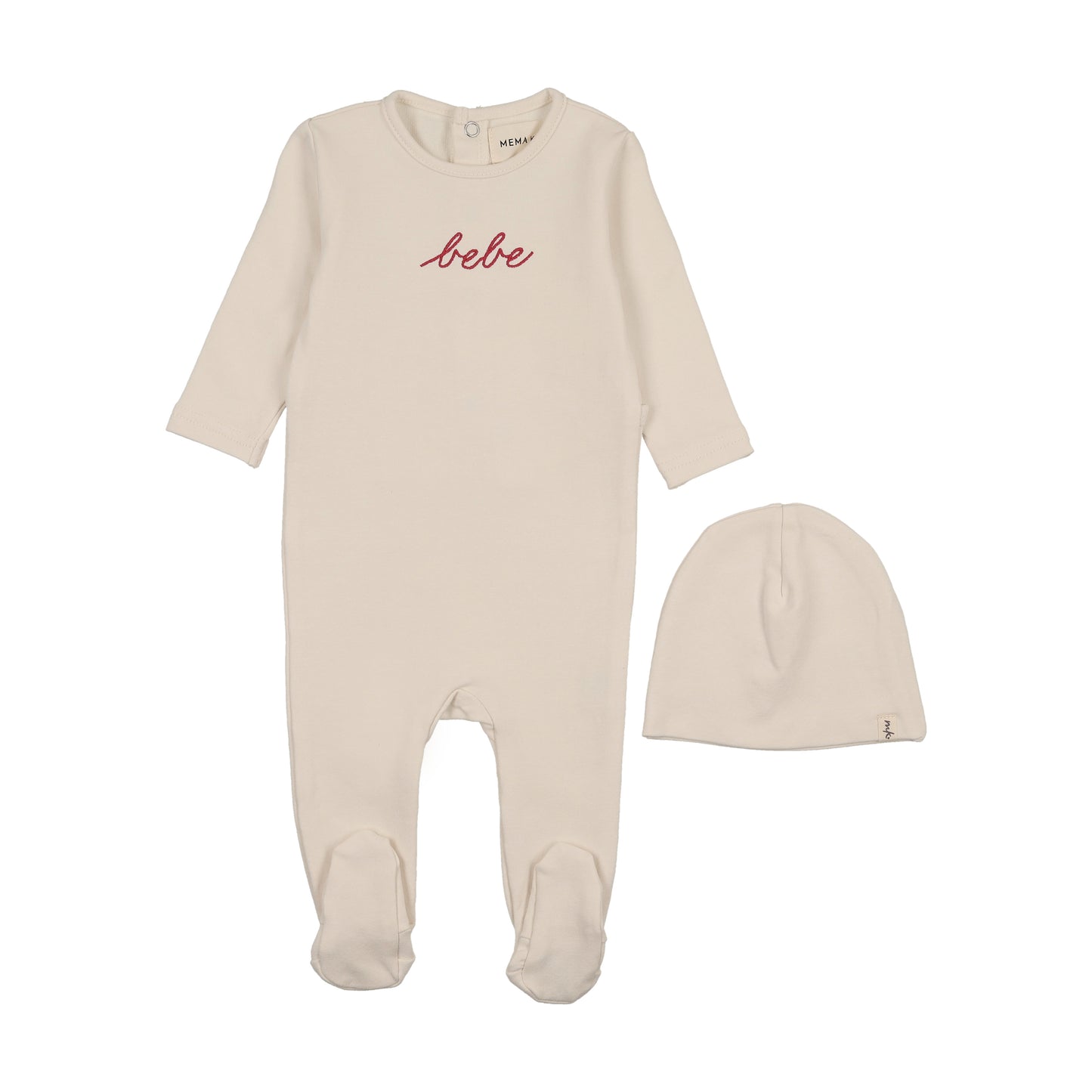 Mema Knit Ivory French Terry Embroidered Bebe Footie + Beanie