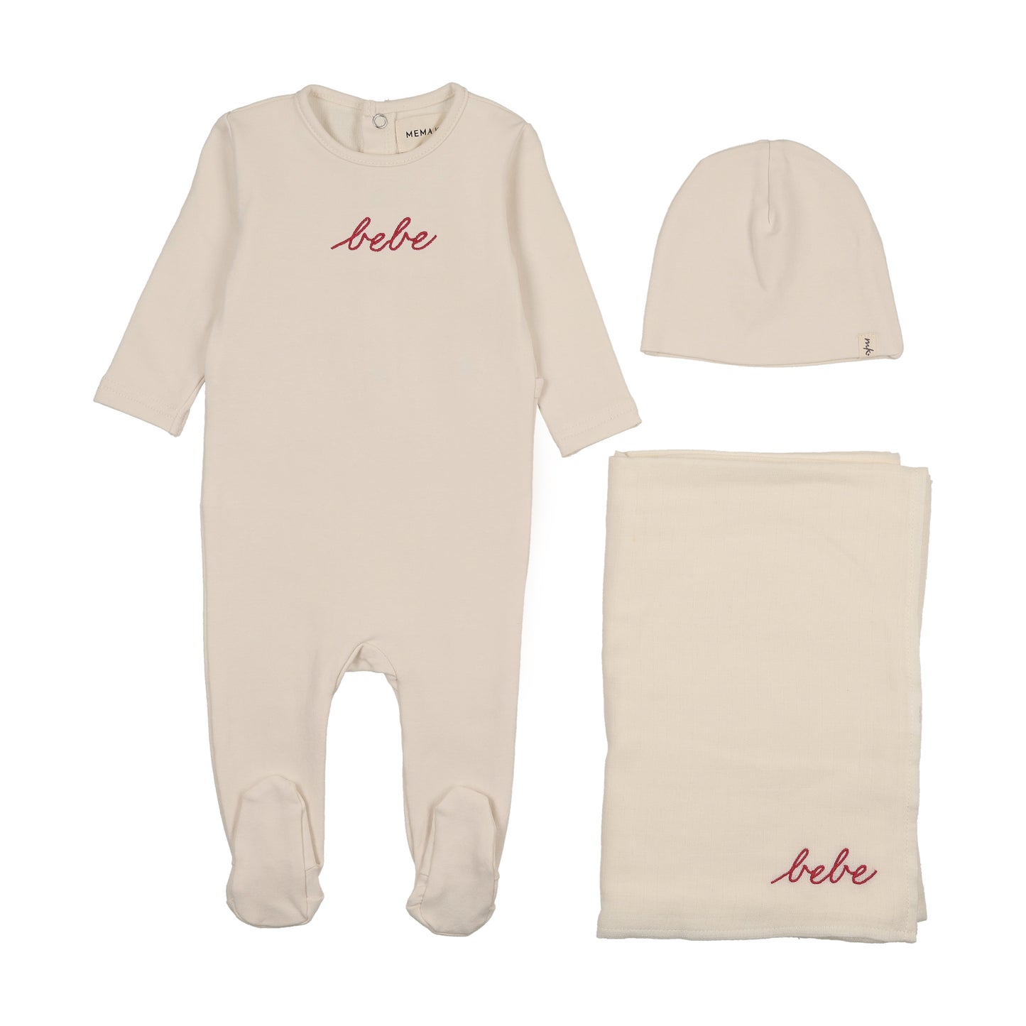 Mema Knit Ivory French Terry Embroidered Bebe 3 Piece Set