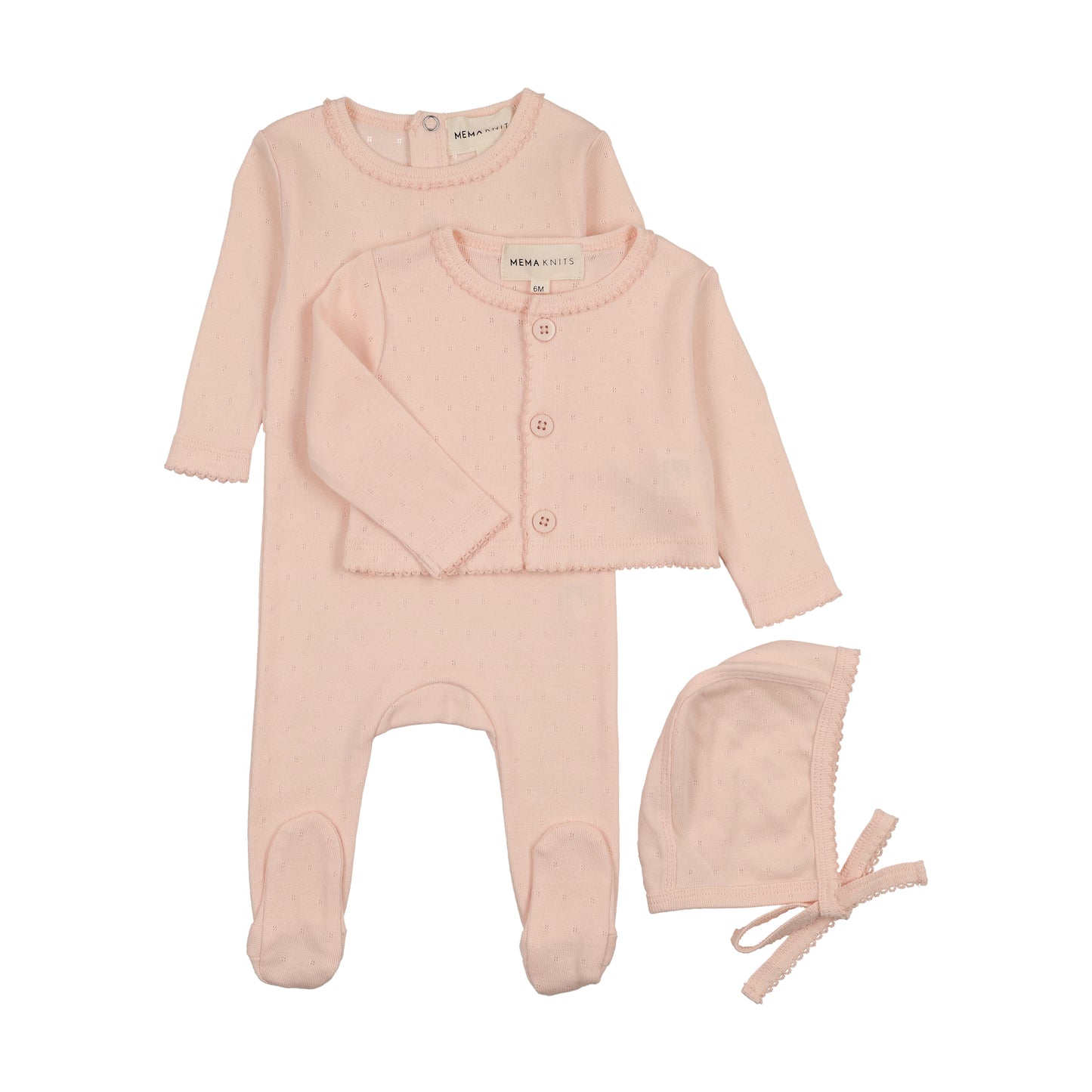 Mema Knit Pointelle Footie and Cardigan Set + Bonnet