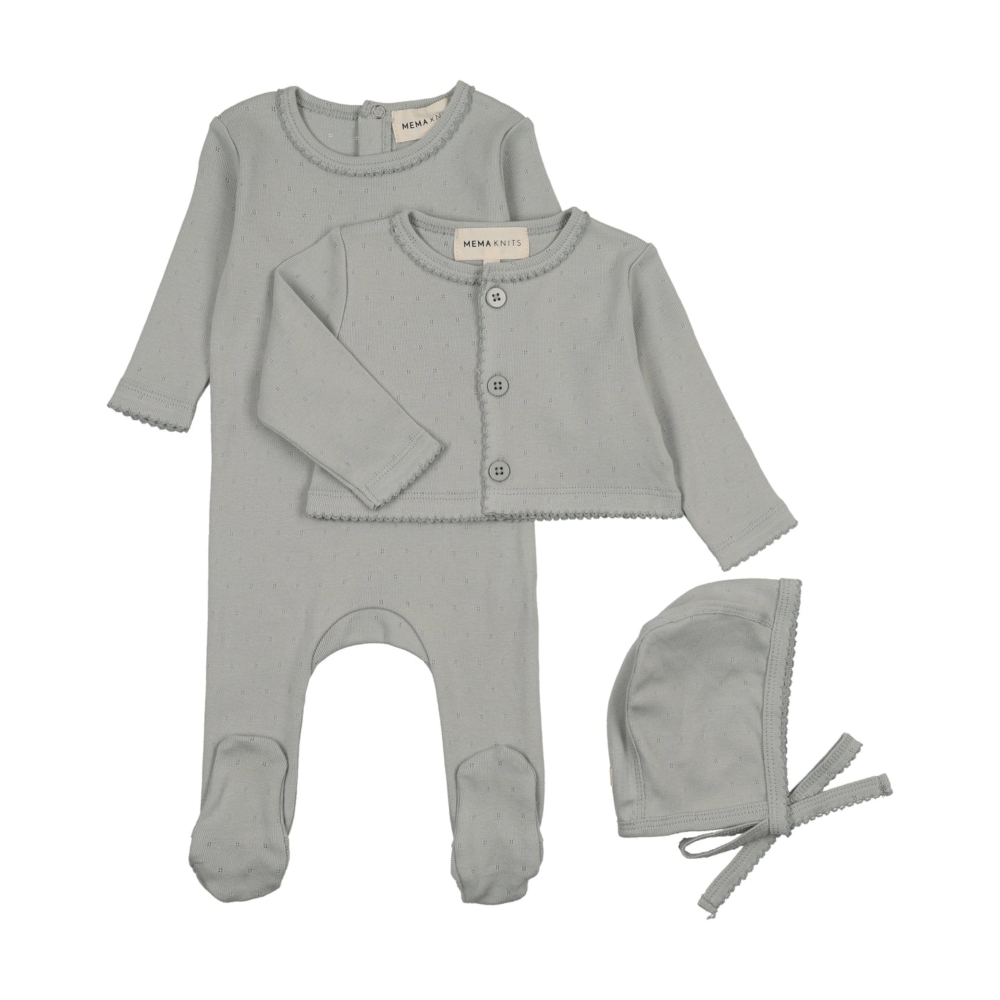Mema Knit Pointelle Footie and Cardigan Set + Bonnet