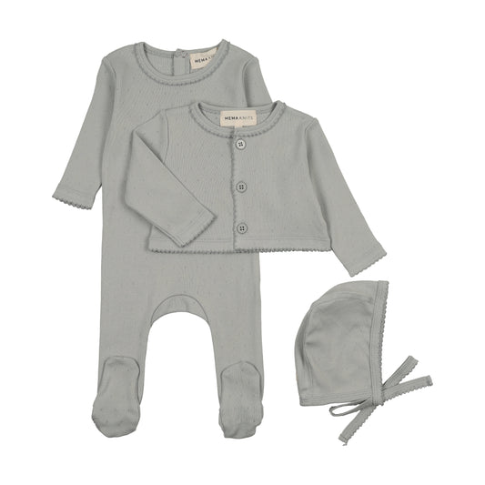 Mema Knit Pointelle Footie and Cardigan Set + Bonnet