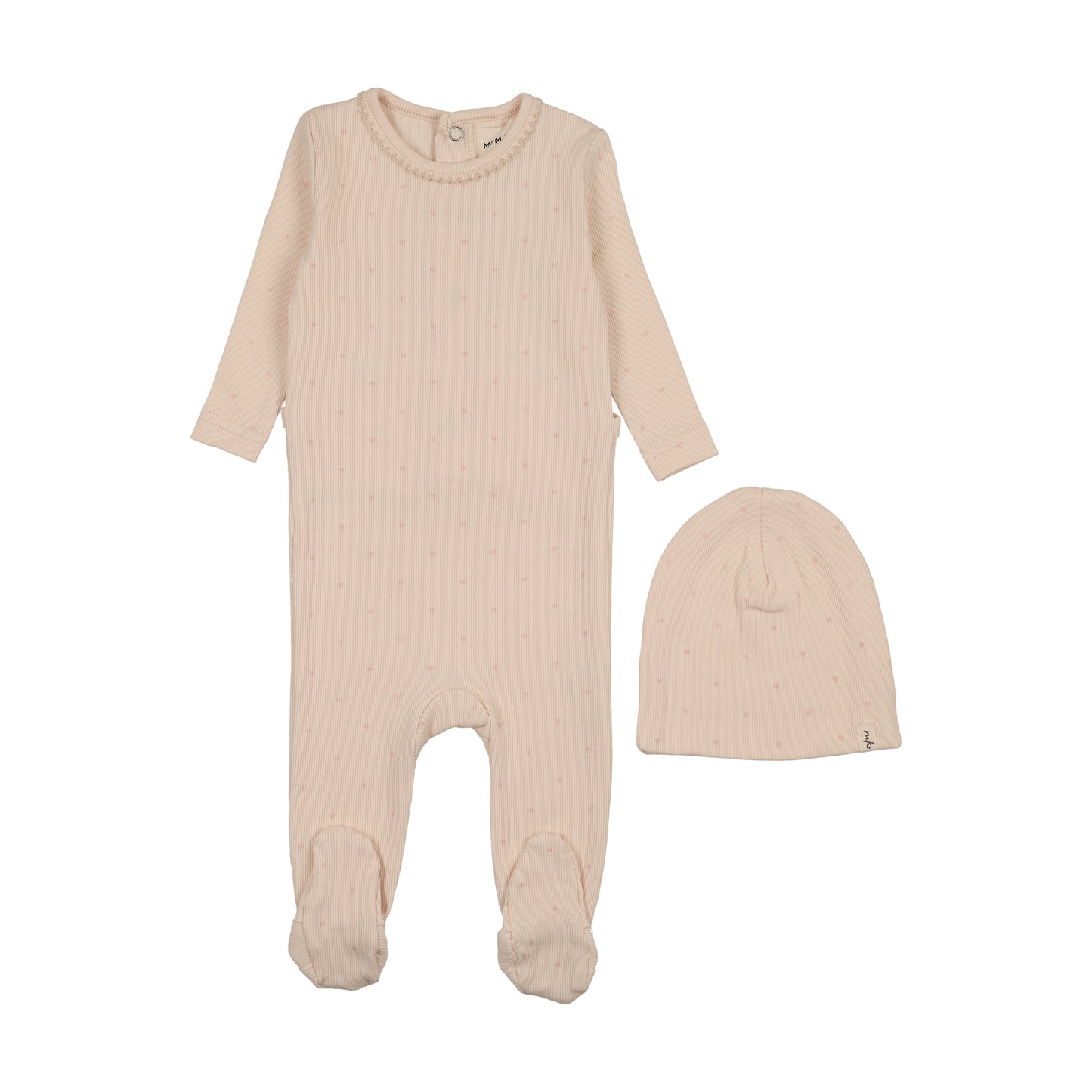 Mema Knit Heart Print Footie + Beanie