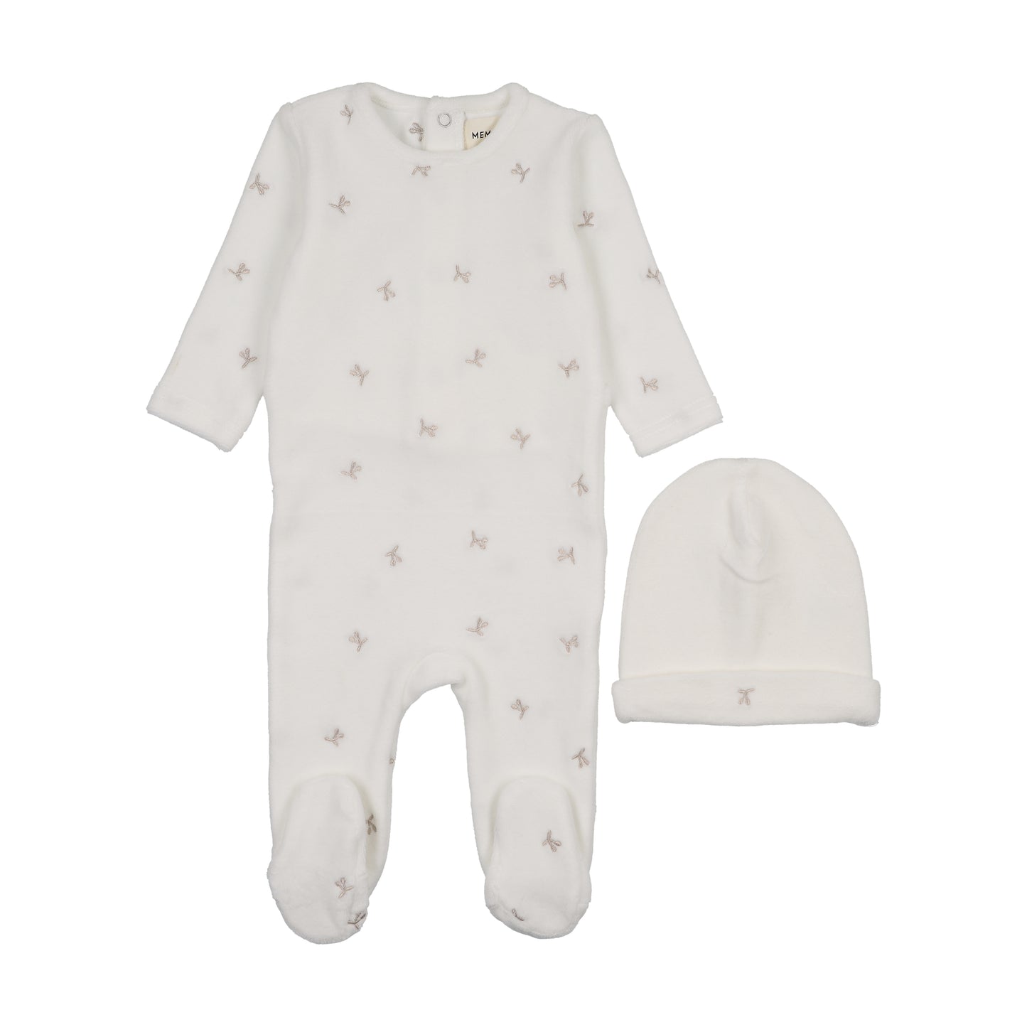 Mema Knit Velour Scattered Cherries Footie + Beanie