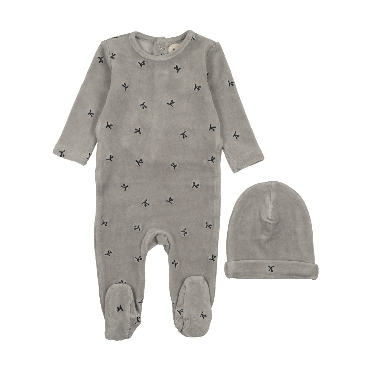 Mema Knit Velour Scattered Cherries Footie + Beanie