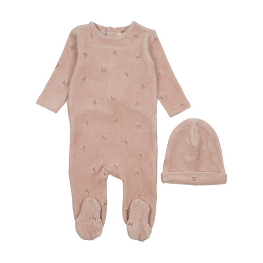 Mema Knit Velour Scattered Cherries Footie + Beanie
