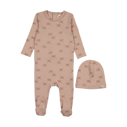 Mema Knit Bow Print Footie + Beanie
