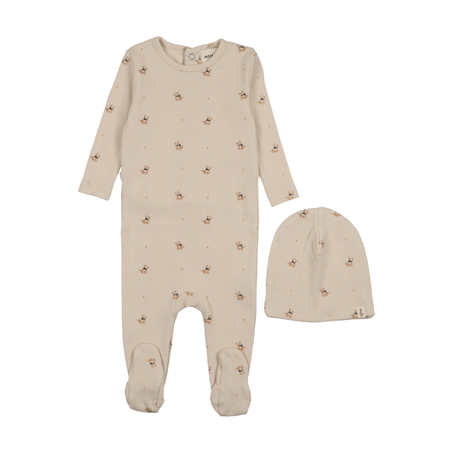 Mema Knit Teddy Bear Print Footie + Beanie