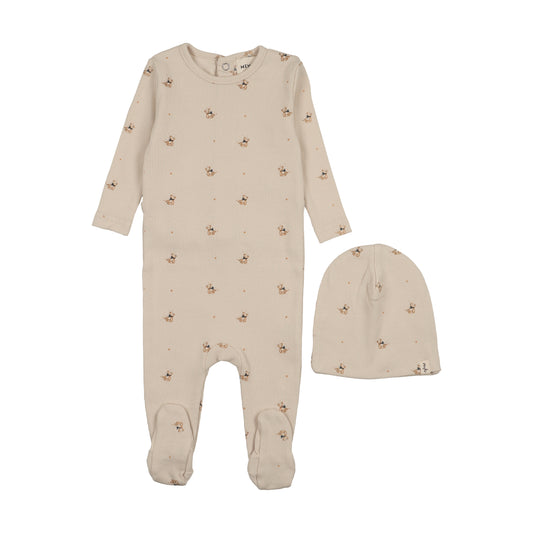 Mema Knit Teddy Bear Print Footie + Beanie
