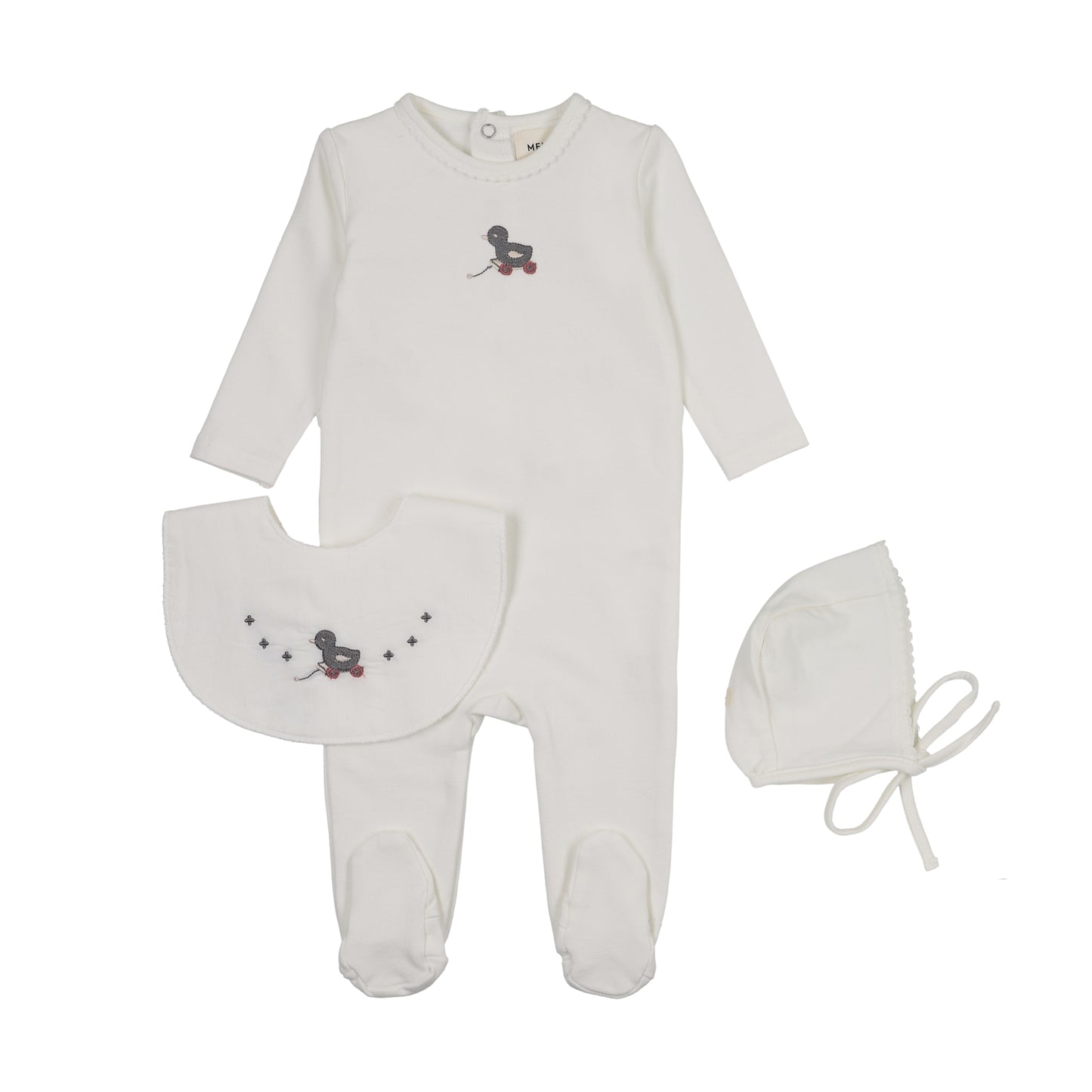Mema Knit Embroidered Duck Footie + Bonnet + Bib