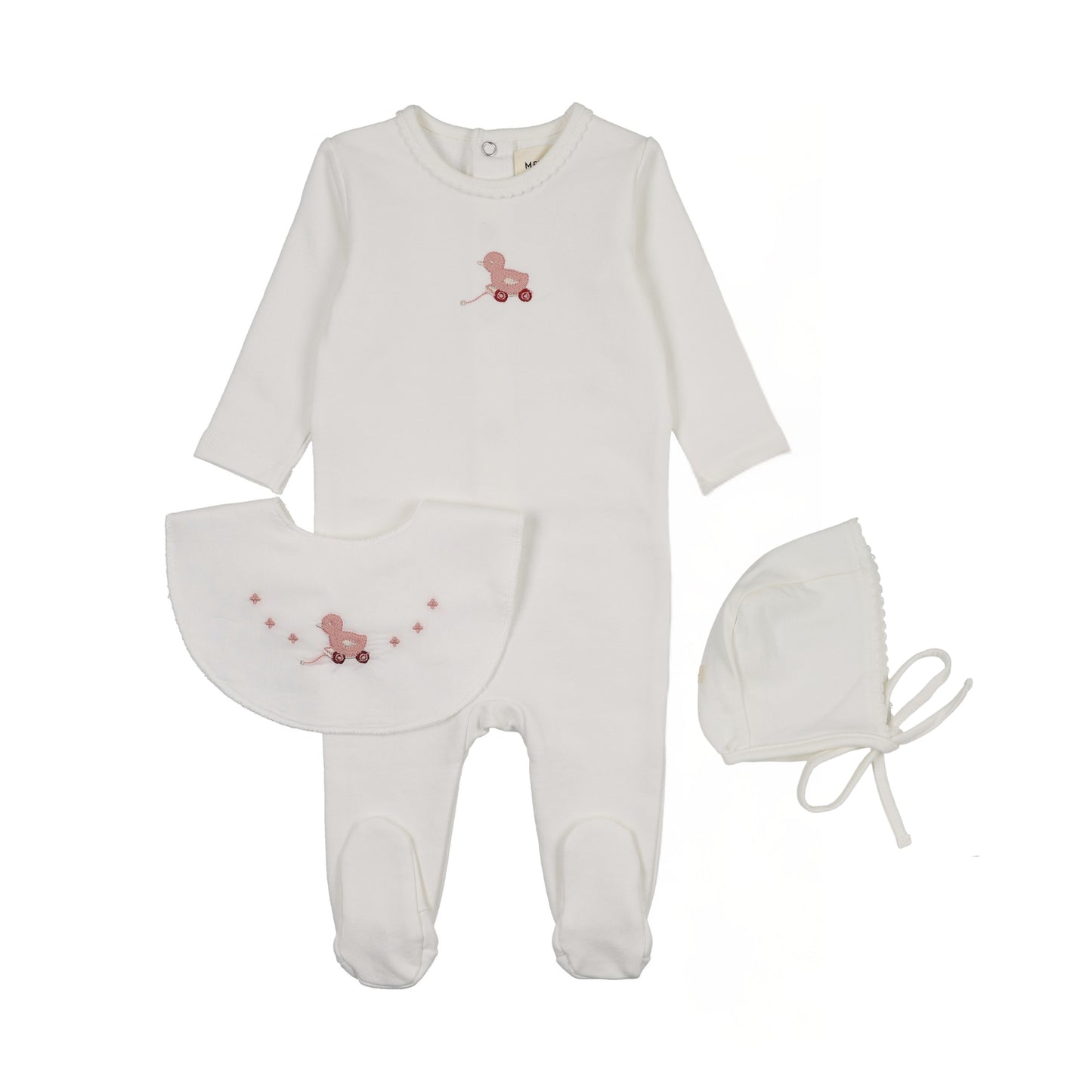Mema Knit Embroidered Duck Footie + Bonnet + Bib