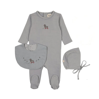 Mema Knit Embroidered Duck Footie + Bonnet + Bib