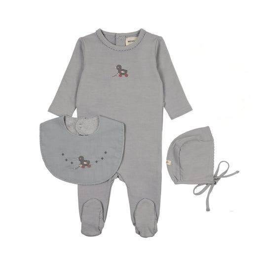 Mema Knit Embroidered Duck Footie + Bonnet + Bib
