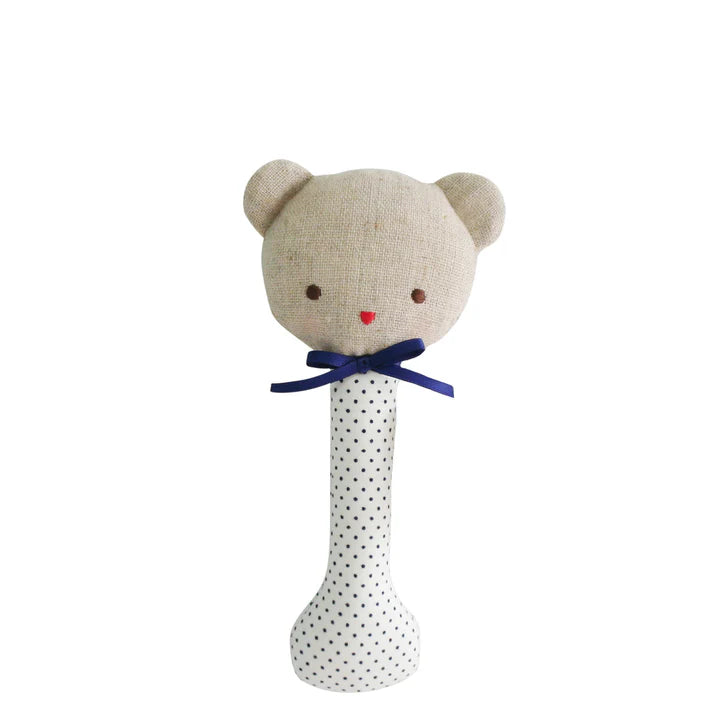 Alimrose Navy Spot Baby Bear Stick Rattle